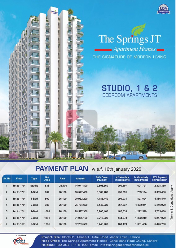 Studio 1 bed & 2 bed apartment for sale in Joher town lahore — 538 square feet in Lahore — PKR 14,000,000